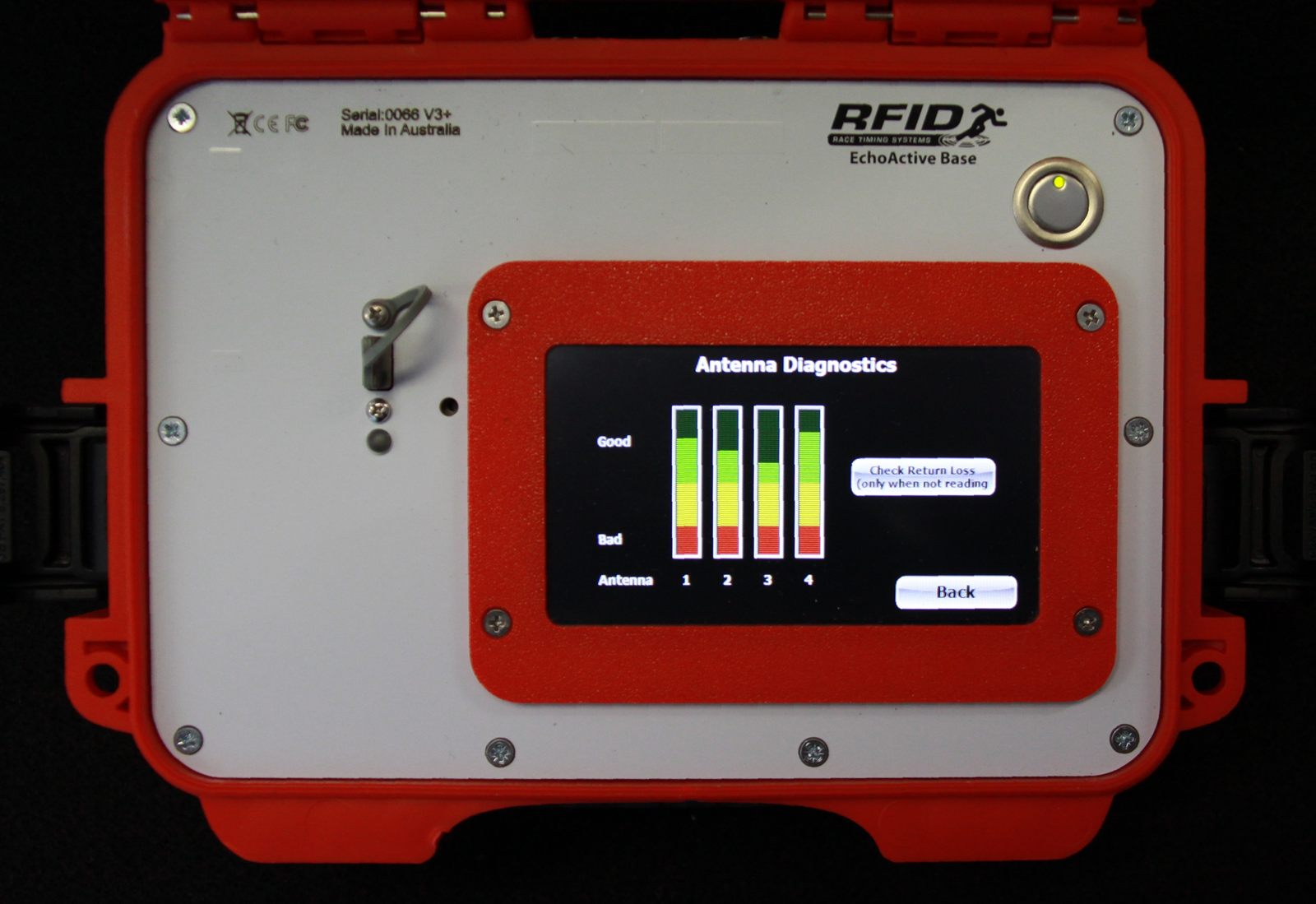 The antenna diagnostics screen showing a return-loss bar for each of the four antennas