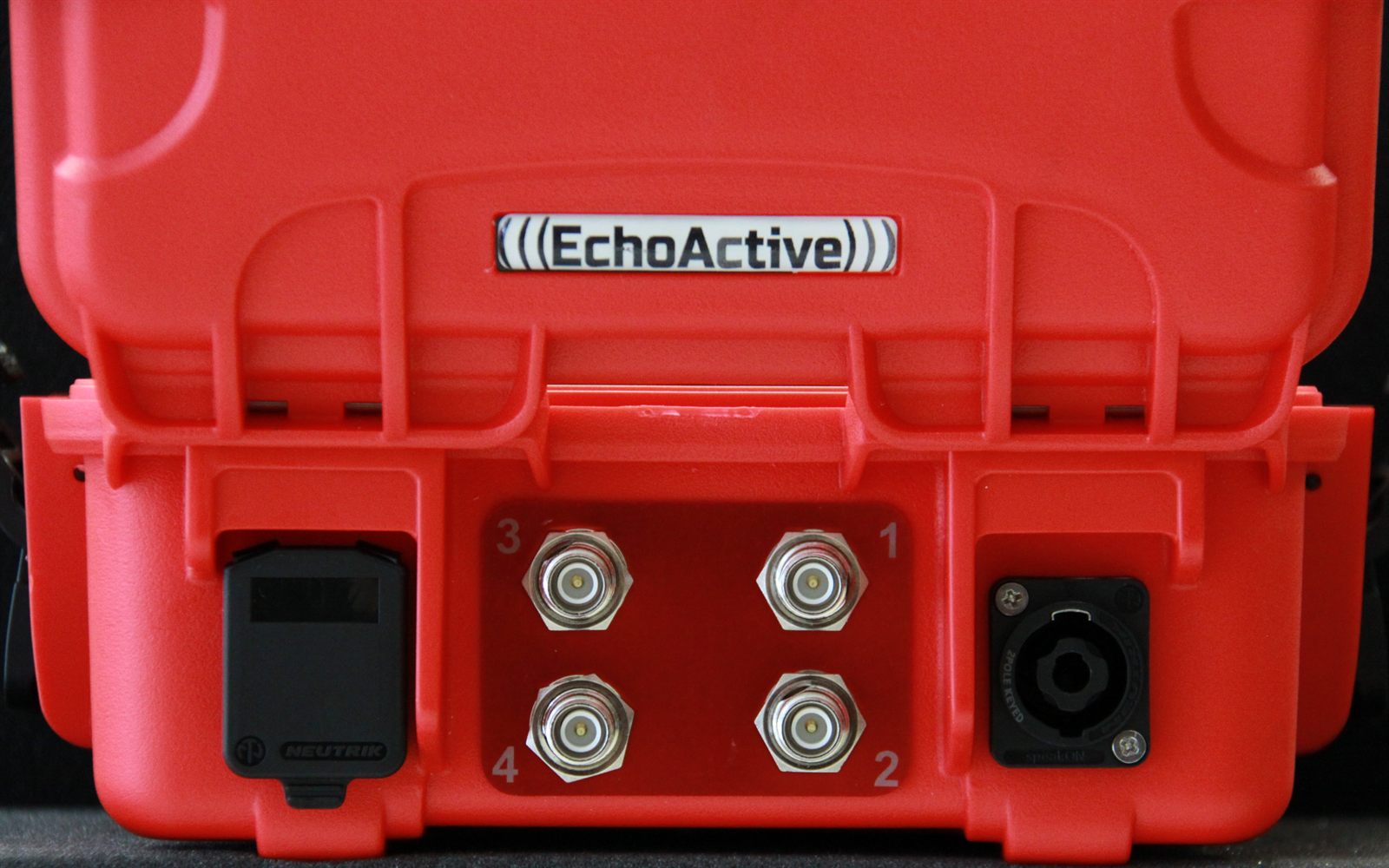The four numbered UHF antenna outputs on an EchoActive Plus, beside the ethernet and power connectors