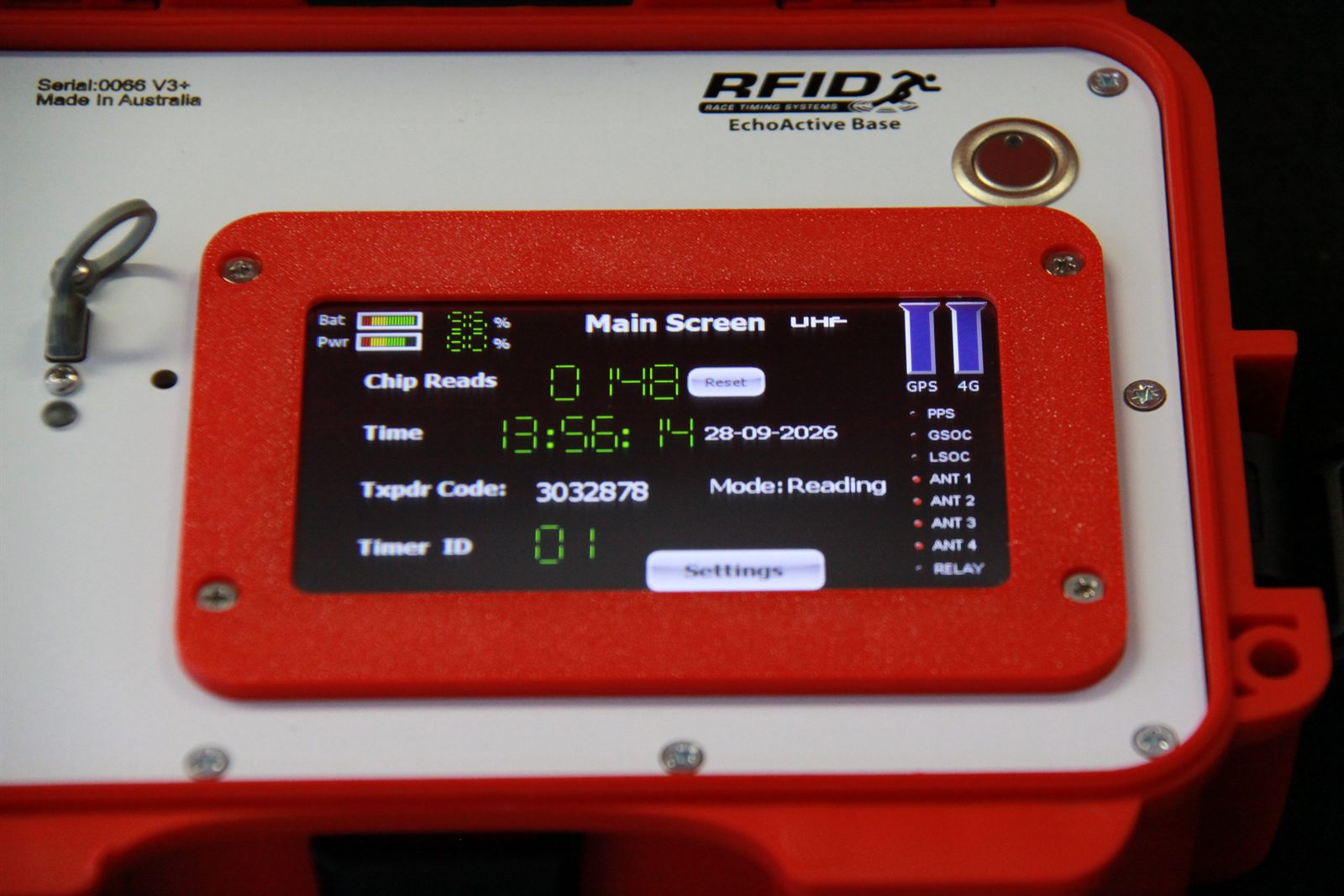 The EchoActive Plus screen mid-race: 148 chip reads, mode reading, GPS and 4G connected, all four antennas live