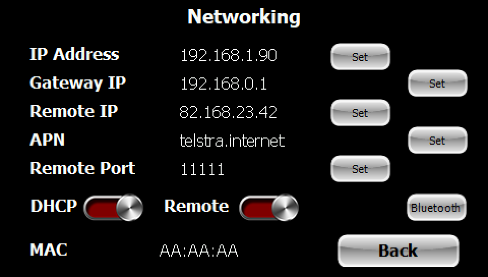 The Networking menu, with the Bluetooth button