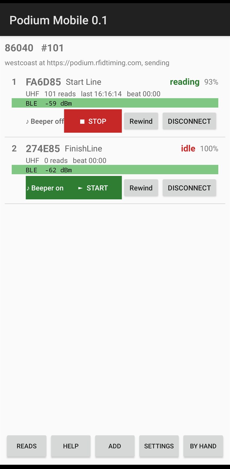 Podium Mobile on an Android phone, showing two EchoActive boxes connected over Bluetooth: Start Line reading with 101 reads, Finish Line idle
